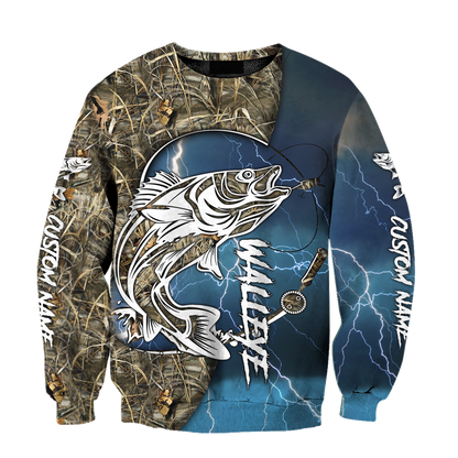 Custom name Walleye fishing gear blue 3D Design print shirts