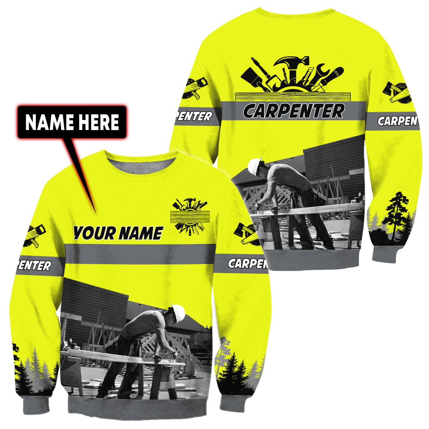 Personalized Name Carpenter 3D All Over Printed Unisex Shirts Yellow
