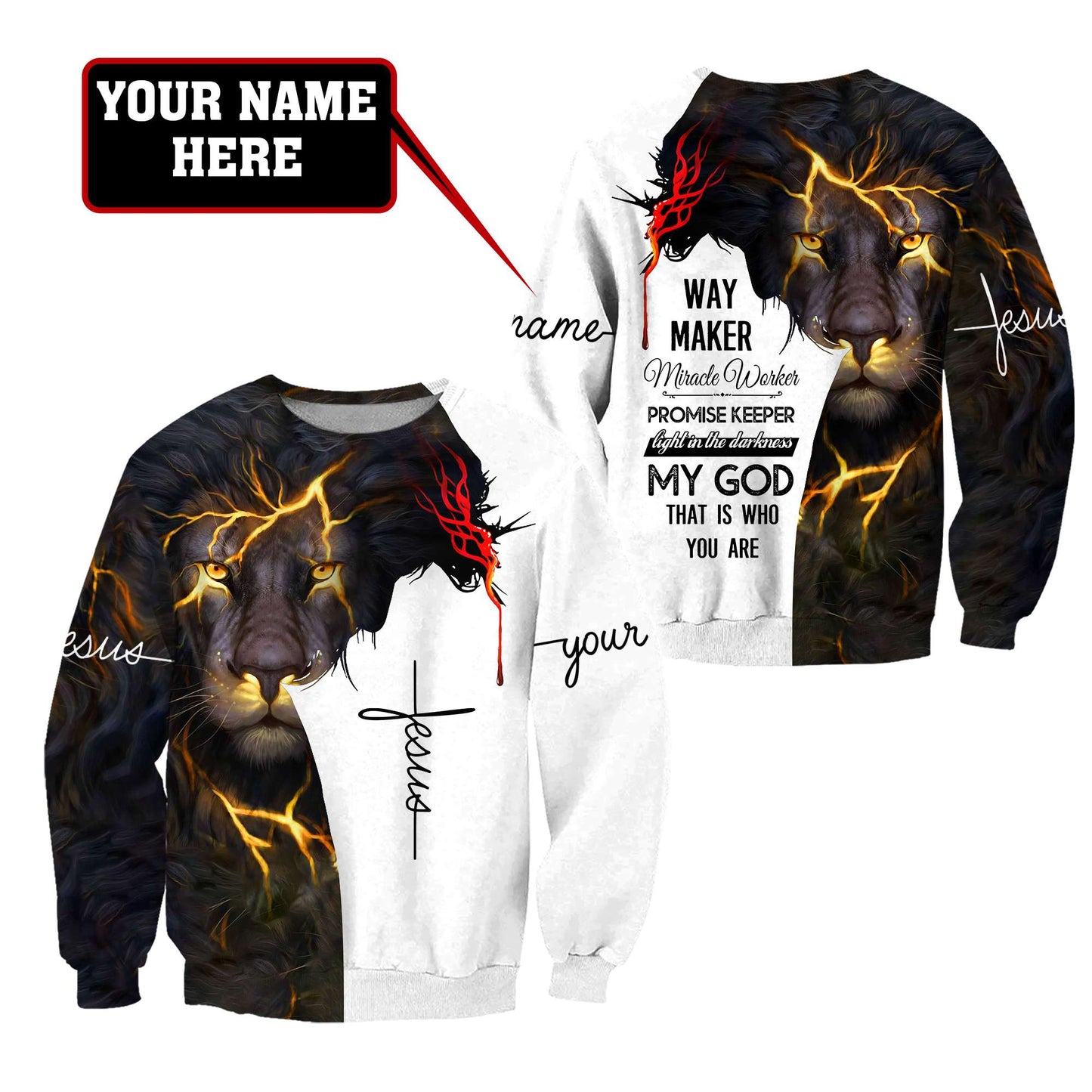 Jesus Christ Lion Way Maker Miracle Worker Personalized Name 3D Printed Hoodie, T-Shirt for Men and Women