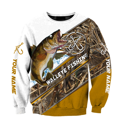 Custom name Walleye Fishing camo 3D print shirts
