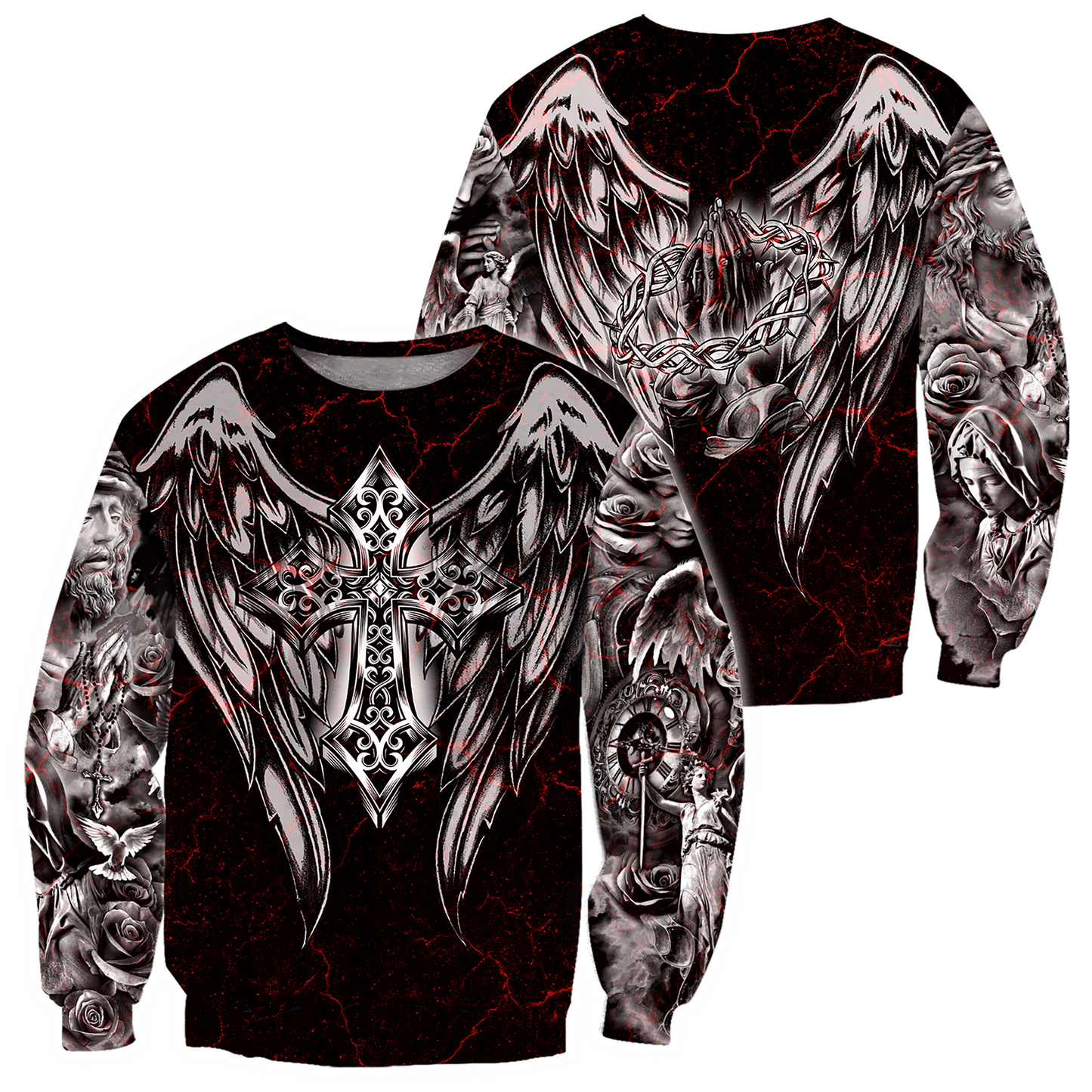 Jesus Christ Cross and Wings Black Red 3D Printed Hoodie, T-Shirt for Men and Women