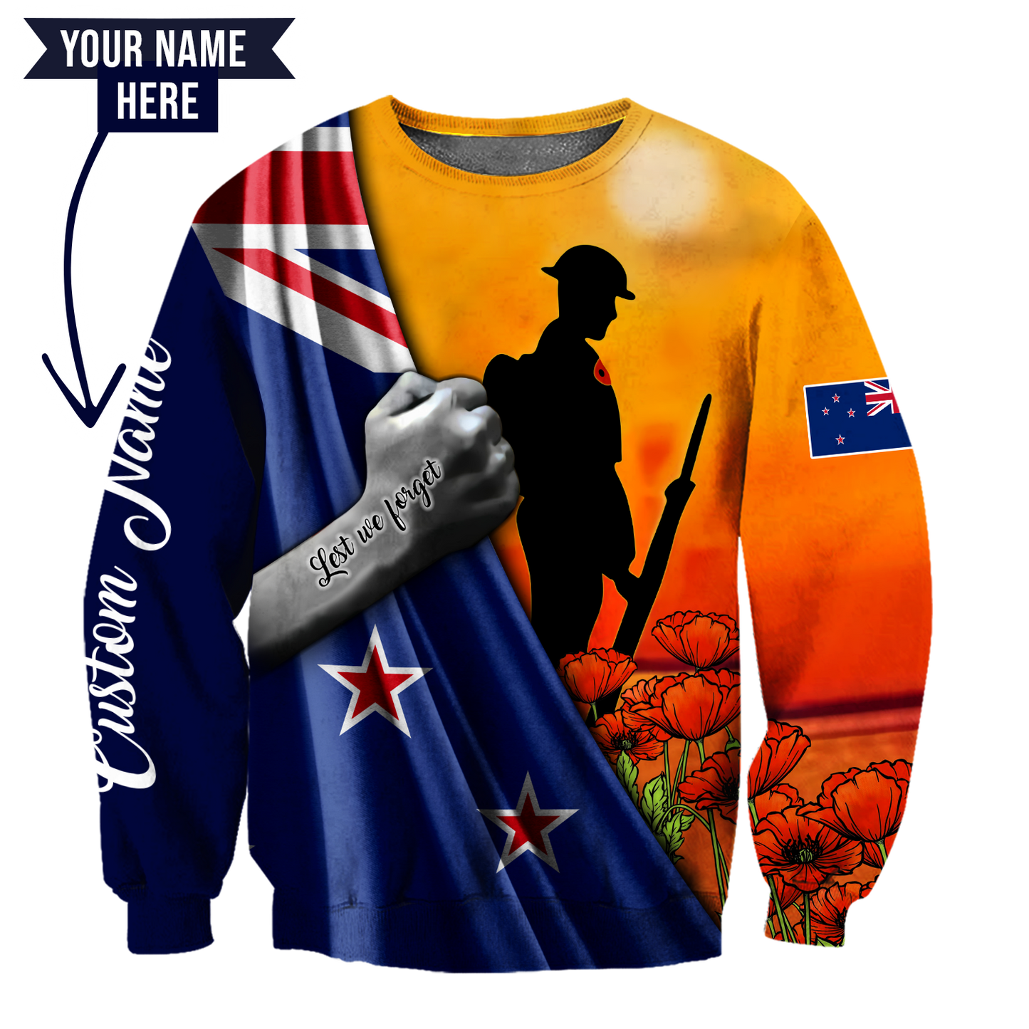 Lest we forget Custom name New Zealand Veteran 3D print shirt