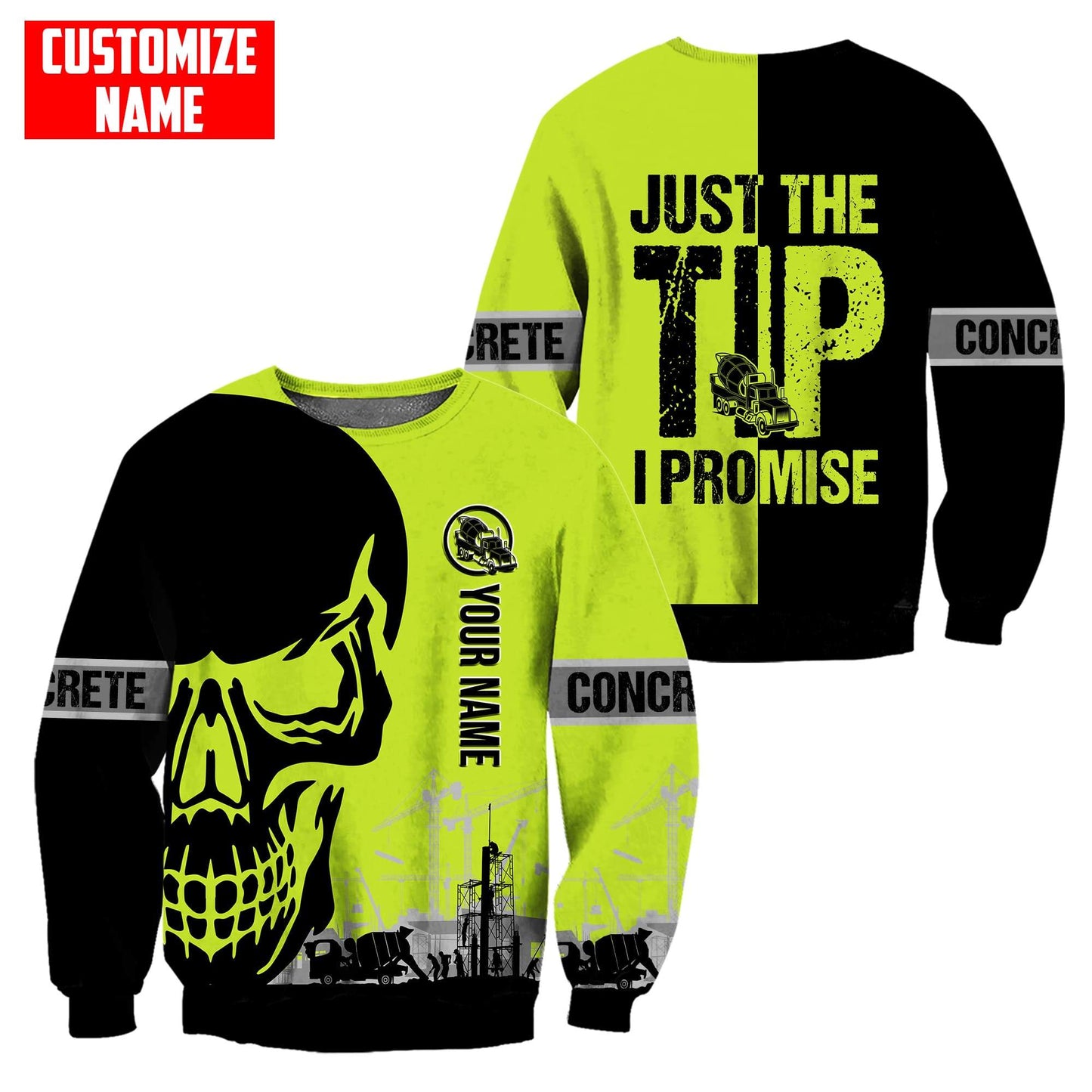 Concrete Finisher Site Skull Green Safety Custom name 3D Printed Shirts