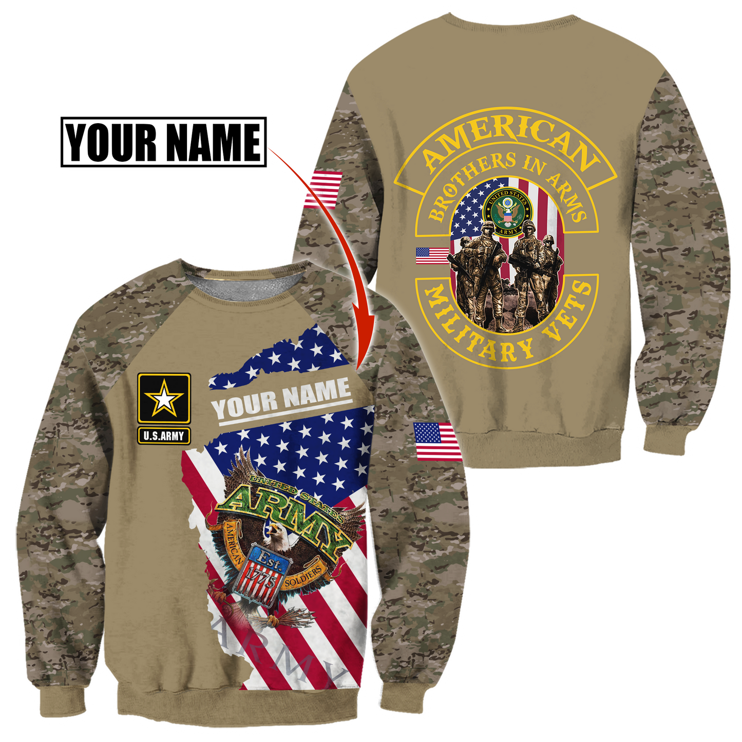 Custom name US Army Veteran Brothers in arms 3D print shirts Proud Military