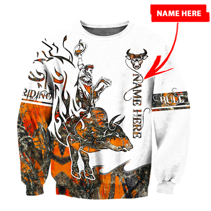 Personalized Name Bull Riding 3D All Over Printed Unisex Shirts Orange Tattoo