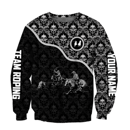 Personalized Name Bull Riding 3D All Over Printed Unisex Shirts Team Roping Black Pattern