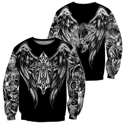 Jesus Christ Cross and Wings Black 3D Printed Hoodie, T-Shirt for Men and Women