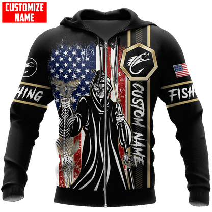 Fishing Skull Reaper American Flag Custom name fishing shirt for men and women