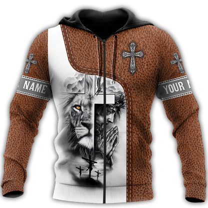 Jesus Christ Cross and Lion Personalized Name 3D Printed Hoodie, T-Shirt for Men and Women