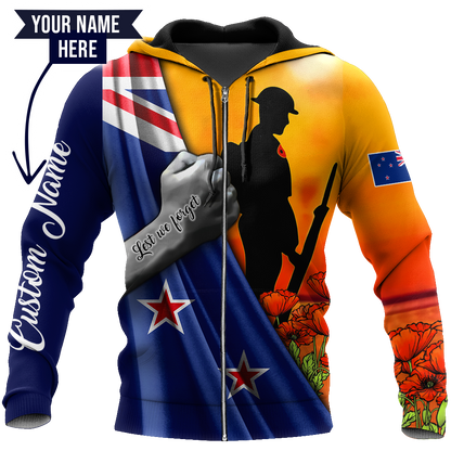 Lest we forget Custom name New Zealand Veteran 3D print shirt