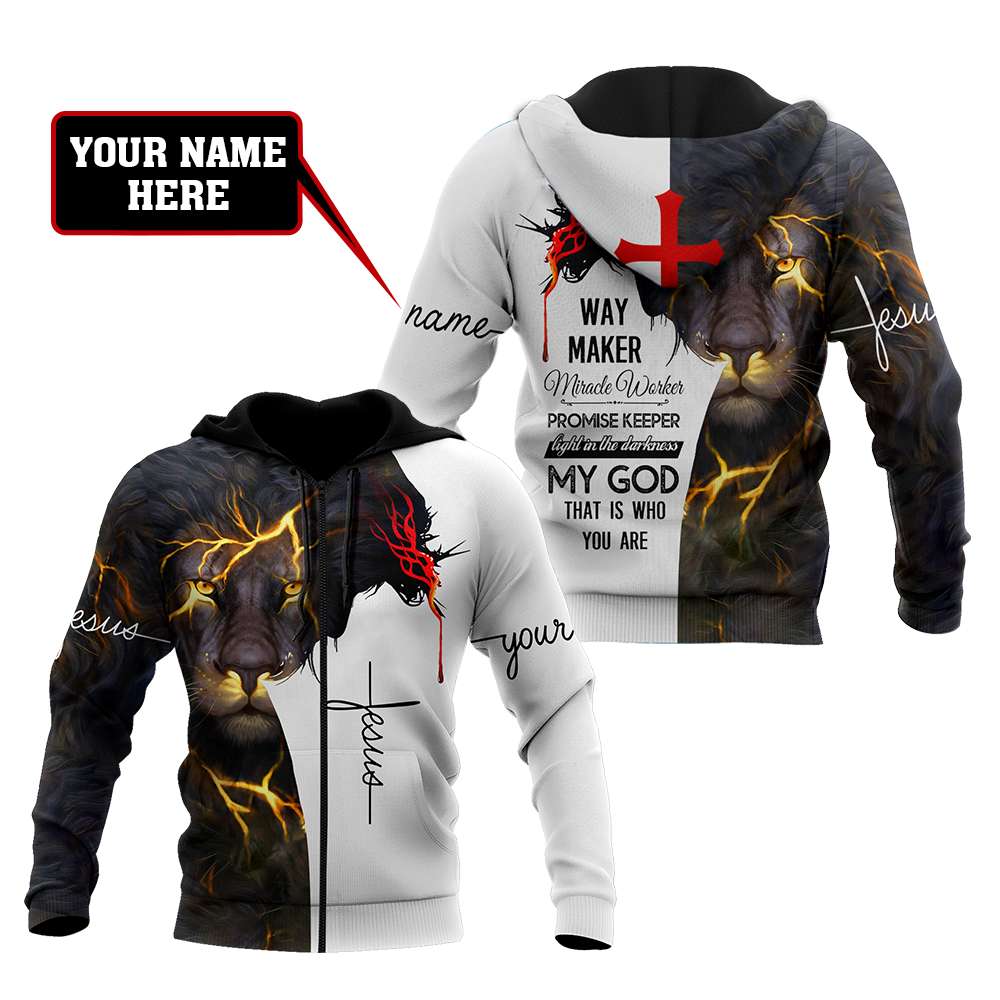 Jesus Christ Lion Way Maker Miracle Worker Personalized Name 3D Printed Hoodie, T-Shirt for Men and Women