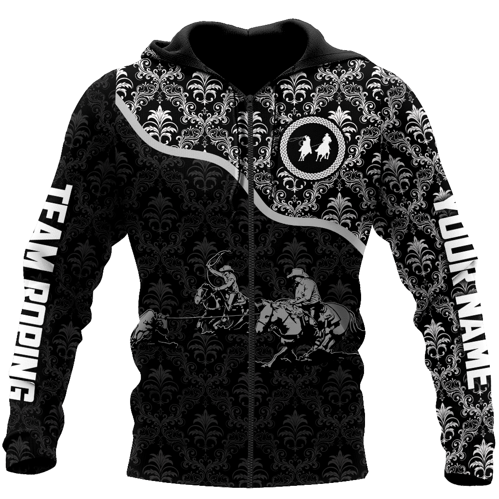 Personalized Name Bull Riding 3D All Over Printed Unisex Shirts Team Roping Black Pattern