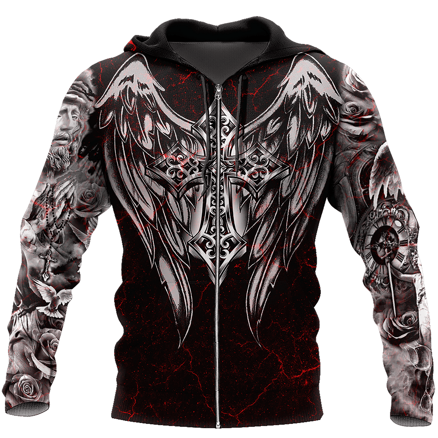 Jesus Christ Cross and Wings Black Red 3D Printed Hoodie, T-Shirt for Men and Women