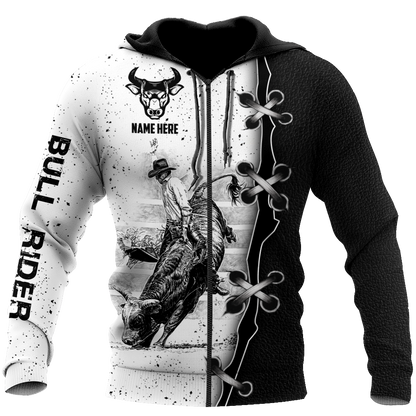 Personalized Name Bull Riding 3D All Over Printed Unisex Shirts Black And White Bull Rider