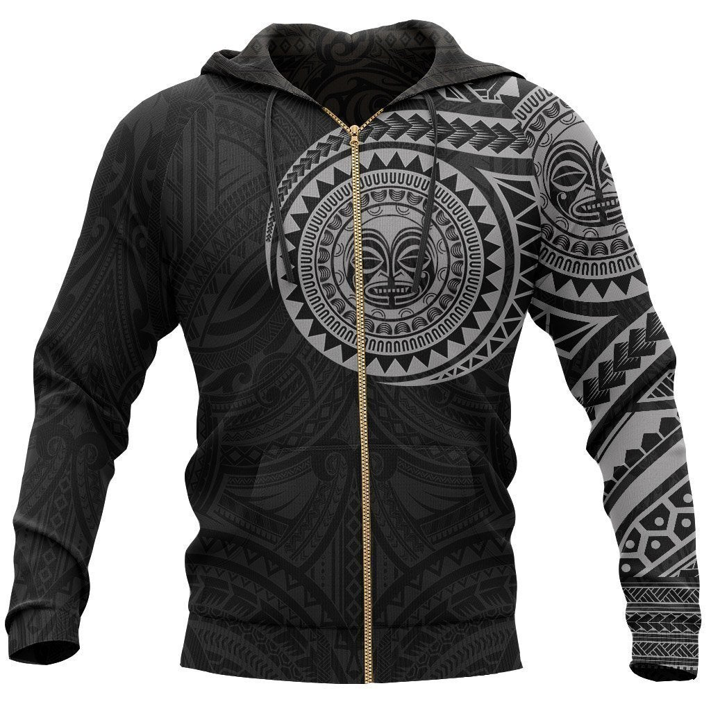 Polynesian Tiki Face™ Tattoo Style Hoodie Gray NVD1342P-Apparel-MP-Zipped Hoodie-S-Vibe Cosy™