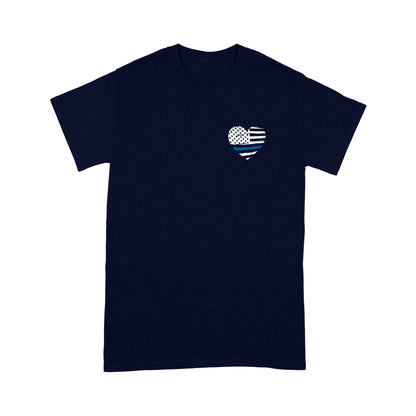 Thin Blue Line Distressed Heart (Front & Back) Standard T-Shirt Police Tee