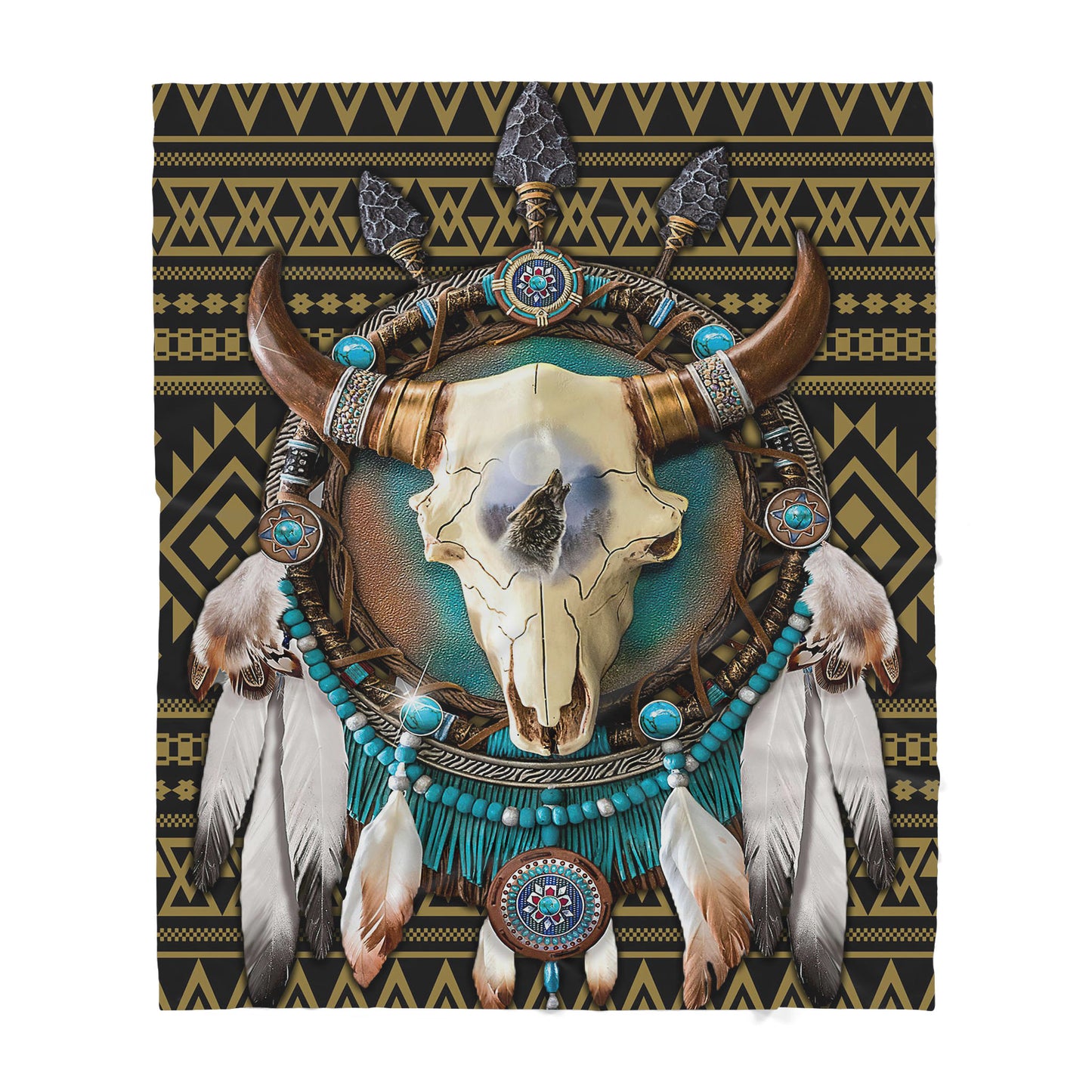 Custom Blanket Native American Bull Skull And Dreamcatcher Sherpa Blanket MEI