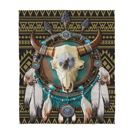 Custom Blanket Native American Bull Skull And Dreamcatcher Sherpa Blanket MEI