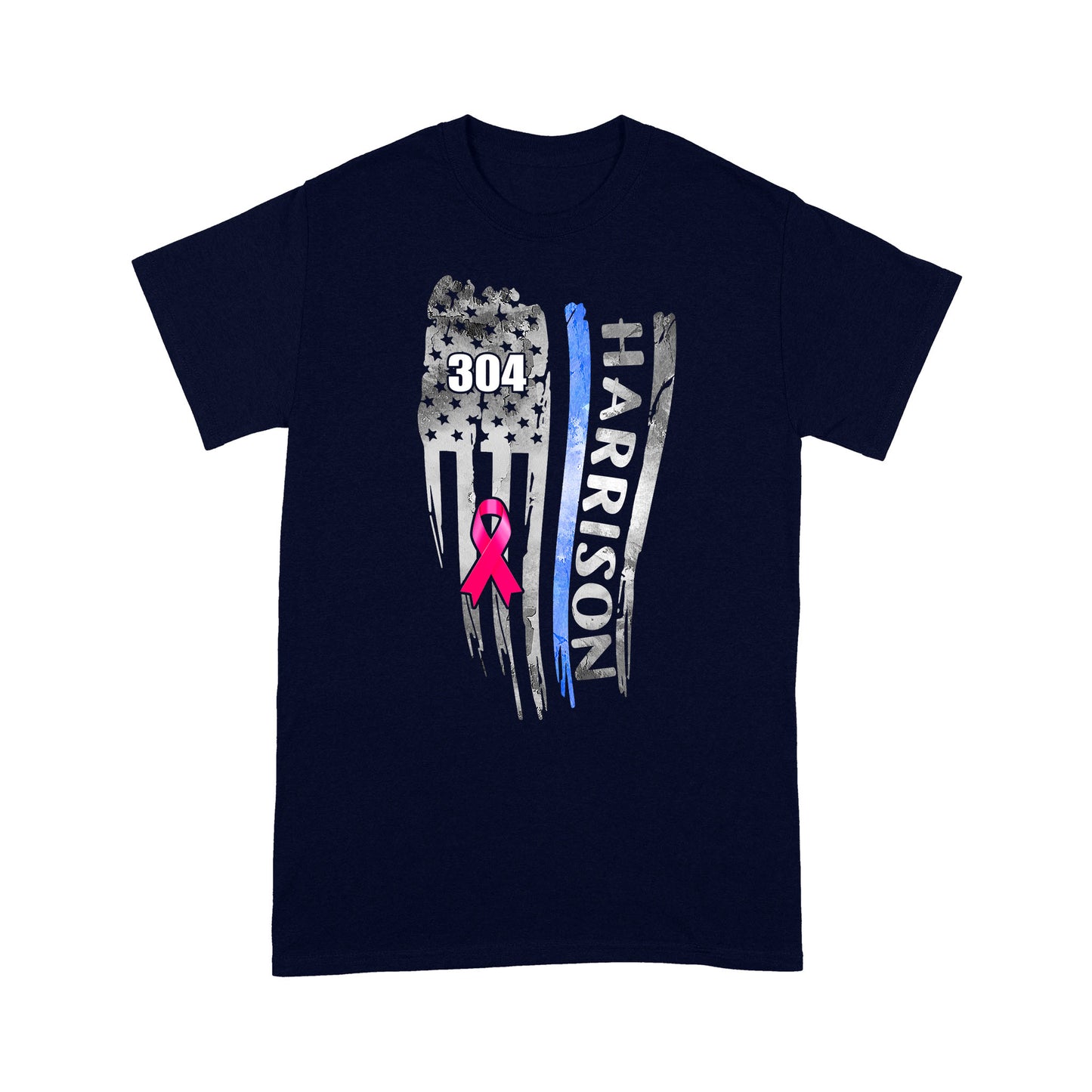 Breast Cancer Pink Ribbon Distressed Thin Blue Line Flag Personalized Police Shirt