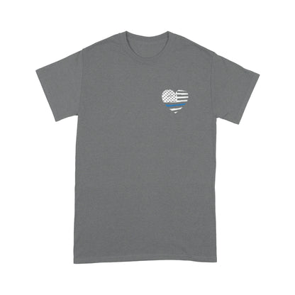 Thin Blue Line Distressed Heart (Front & Back) Standard T-Shirt Police Tee