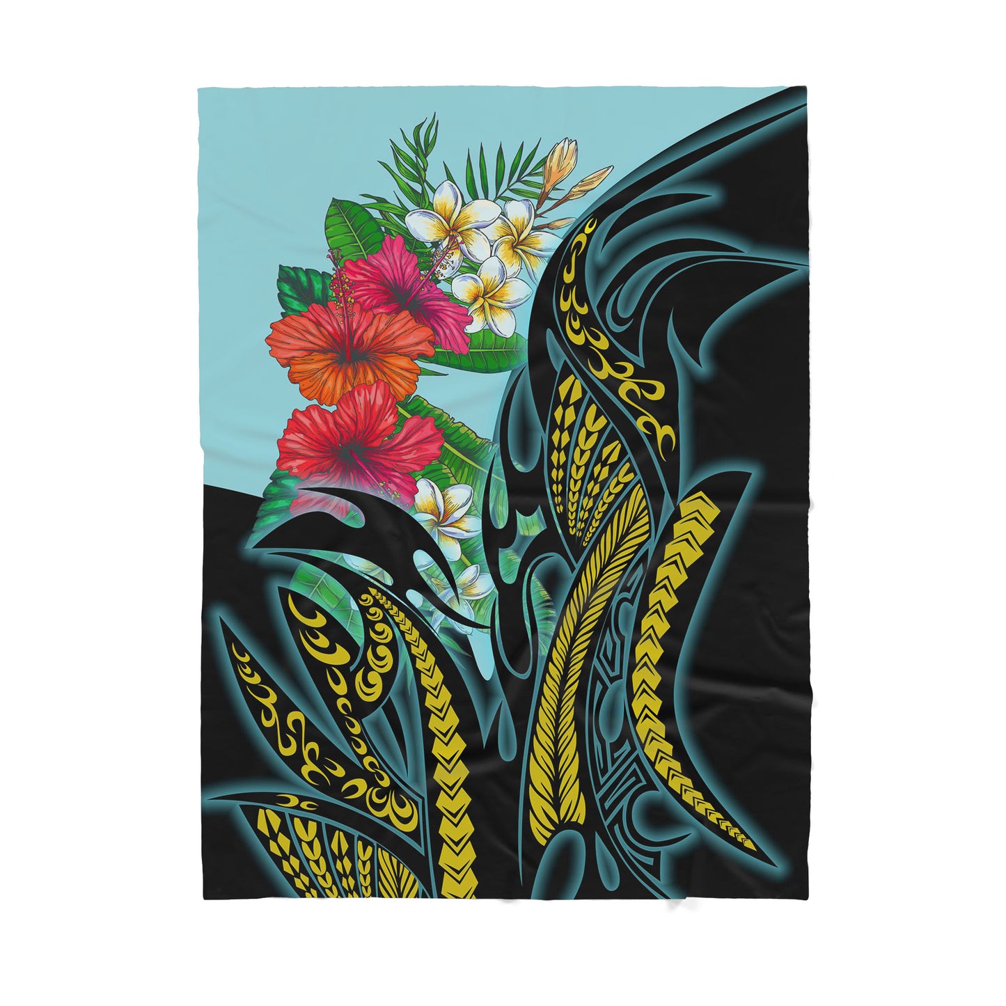 Polynesian Turquoise - Gold Tribal Pattern and Hisbiscus Plumeria Sherpa Blanket ML