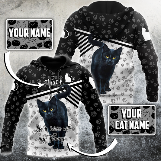 Customize Name Black Cat Hoodie For Men And Women