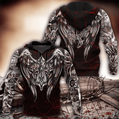 Jesus Christ Cross and Wings Black Red 3D Printed Hoodie, T-Shirt for Men and Women