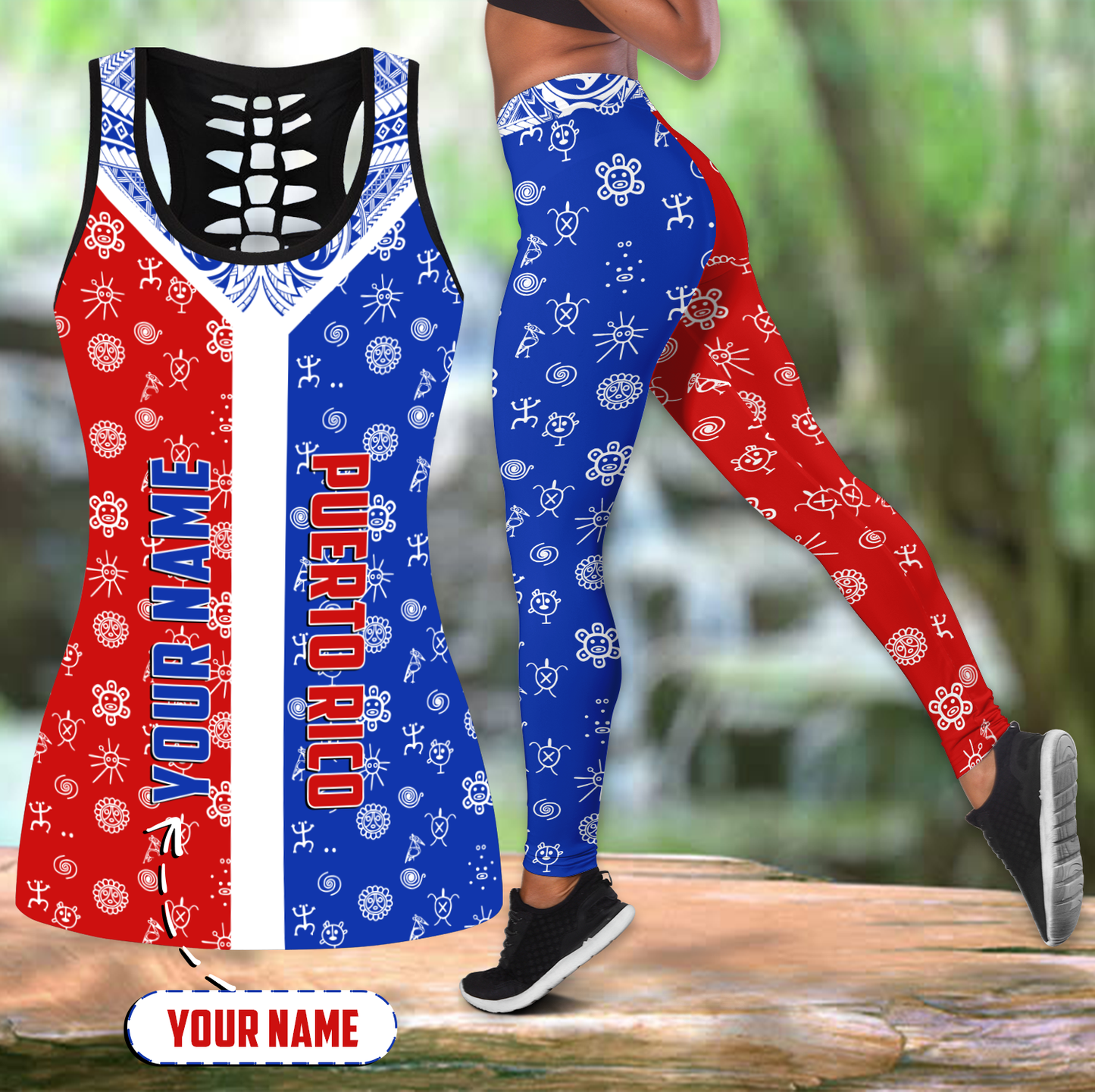 Customize Name Puerto Rico Symbols Combo Hollow Tank Top And Legging Outfit