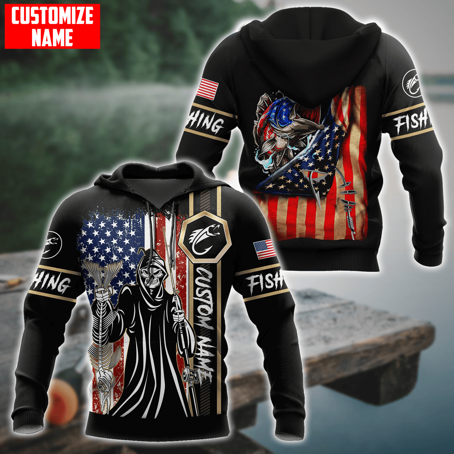 Fishing Skull Reaper American Flag Custom name fishing shirt for men and women