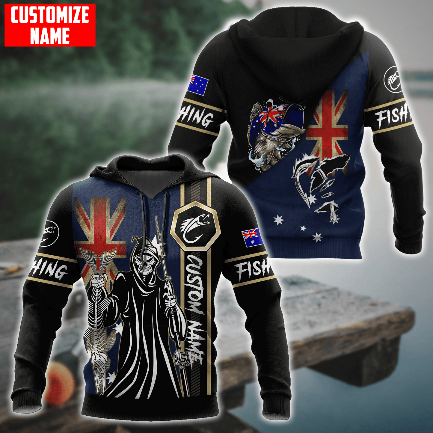 Fishing Skull Reaper Australian Flag Custom name fishing shirt for men and women