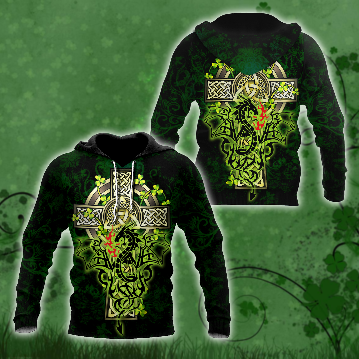 Premium Unisex Hoodie Irish Celtic Cross And Dragon ML