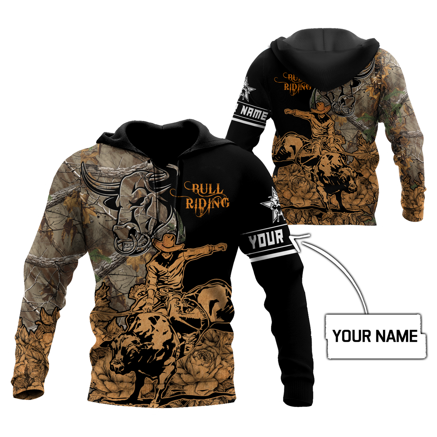 Personalized Name Bull Riding 3D All Over Printed Unisex Shirts Camo
