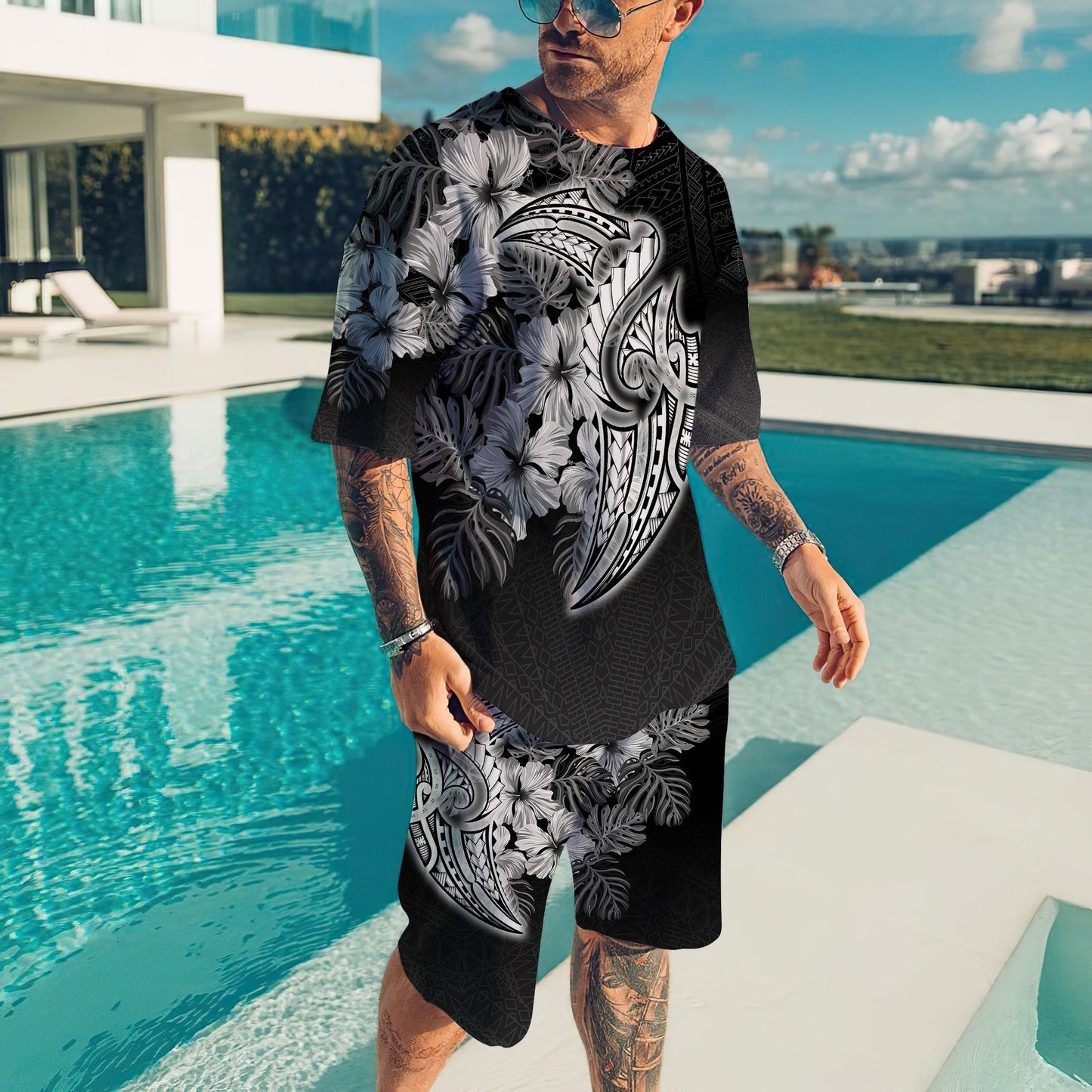 Polynesia No 13 Combo T Shirt Broad Short Tattoo And Frangipani
