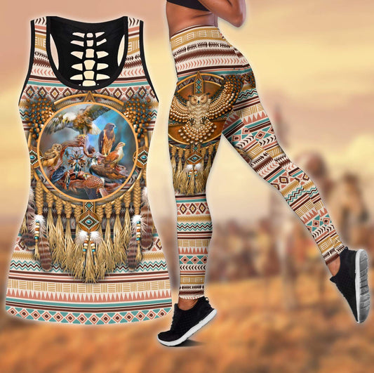 Owl Native American 3D All Over Printed Legging + Hollow Tank