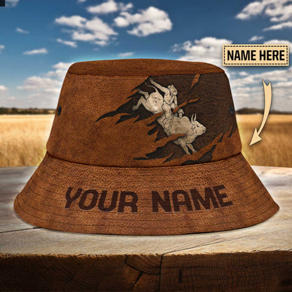 Personalized Name Bull Riding Bucket Hat Leather Texture
