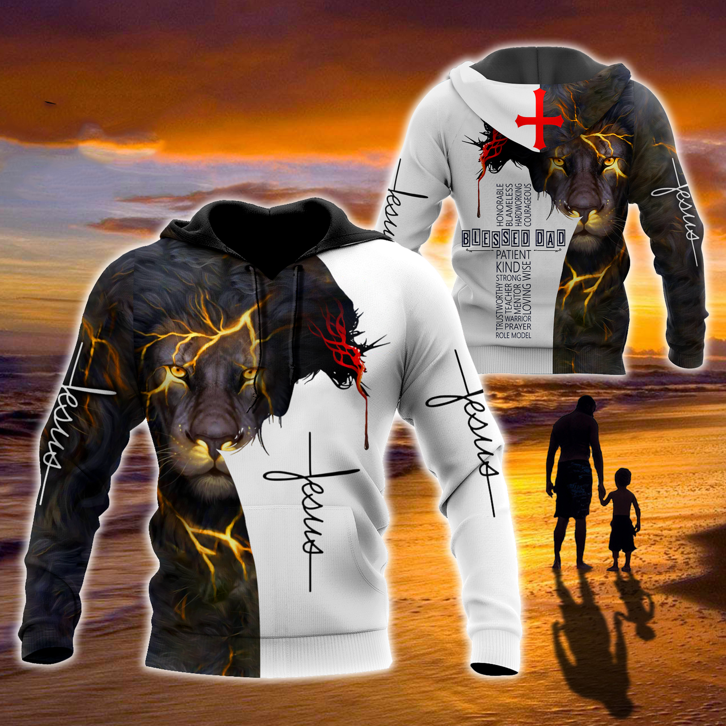 Premium Christian Jesus Blessed Dad Present Lion 3D All Over Printed Unisex Shirts