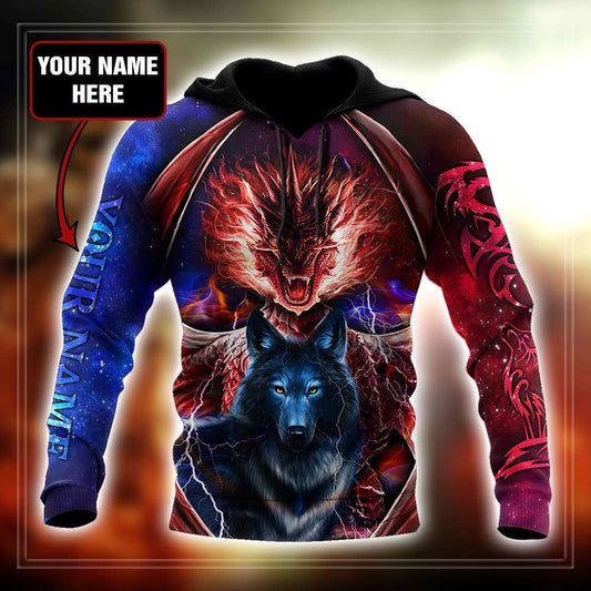 Dragon And Wolf 3D Over Printed Hoodie Custom Name