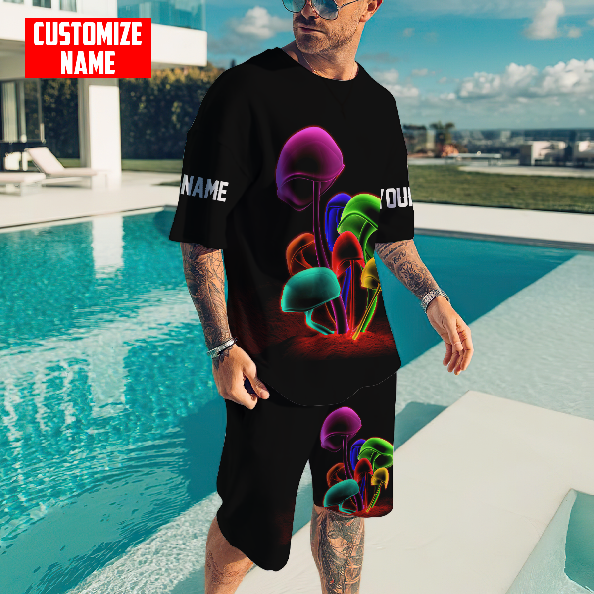 Customize Name Mushroom Hippie Combo T-Shirt And Board Short
