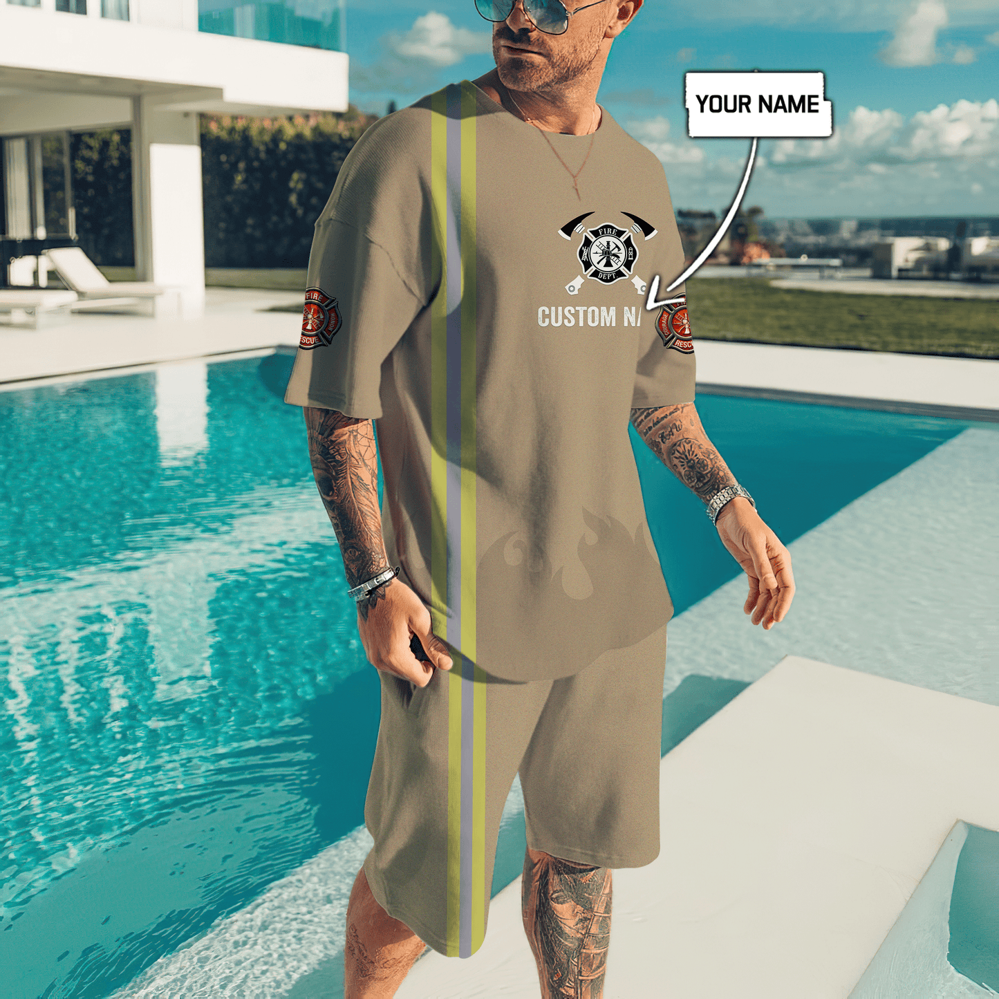 Customize Name Firefigher Combo T-Shirt And Board Short