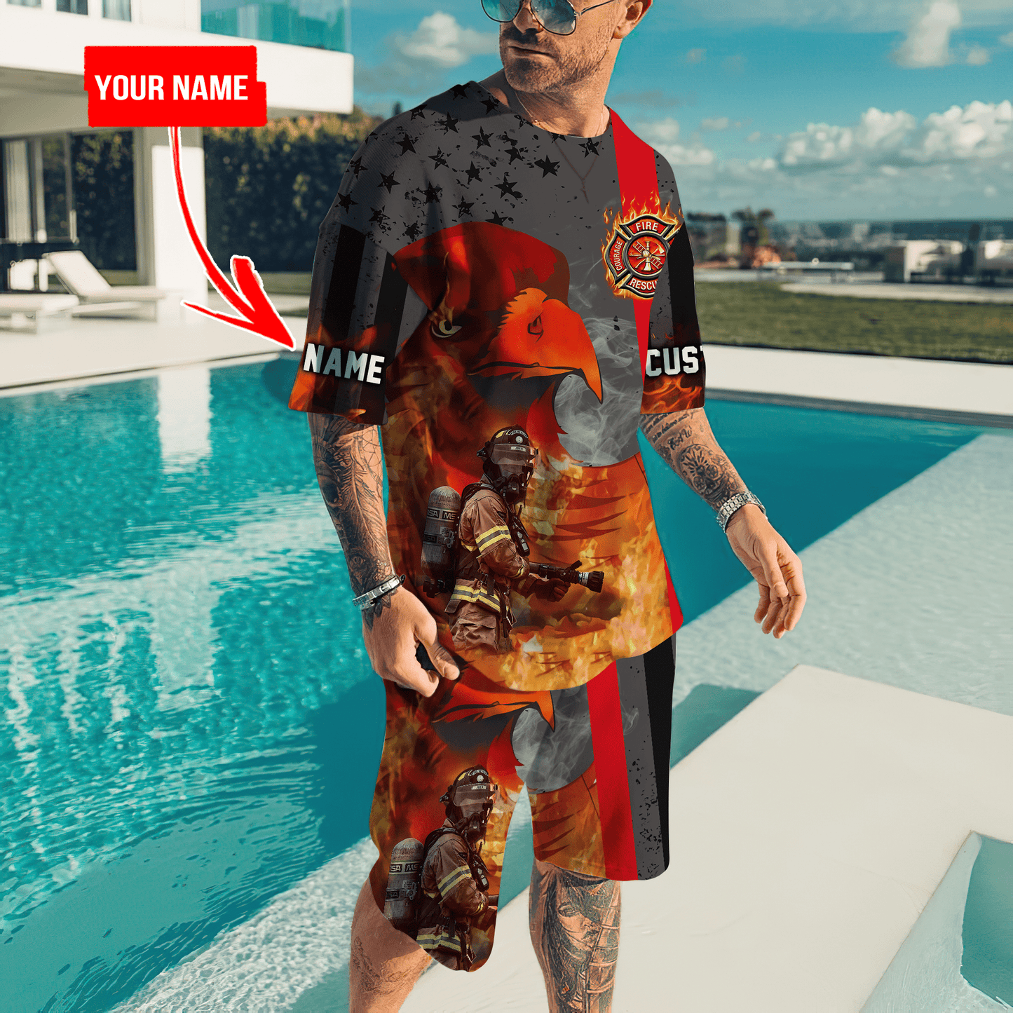 Customize Name Firefigher Combo T-Shirt And Board Short