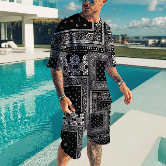 Paisley Bandana Vibe with Black White tone Street Style 3D All Over Printed Combo T-shirt and Short