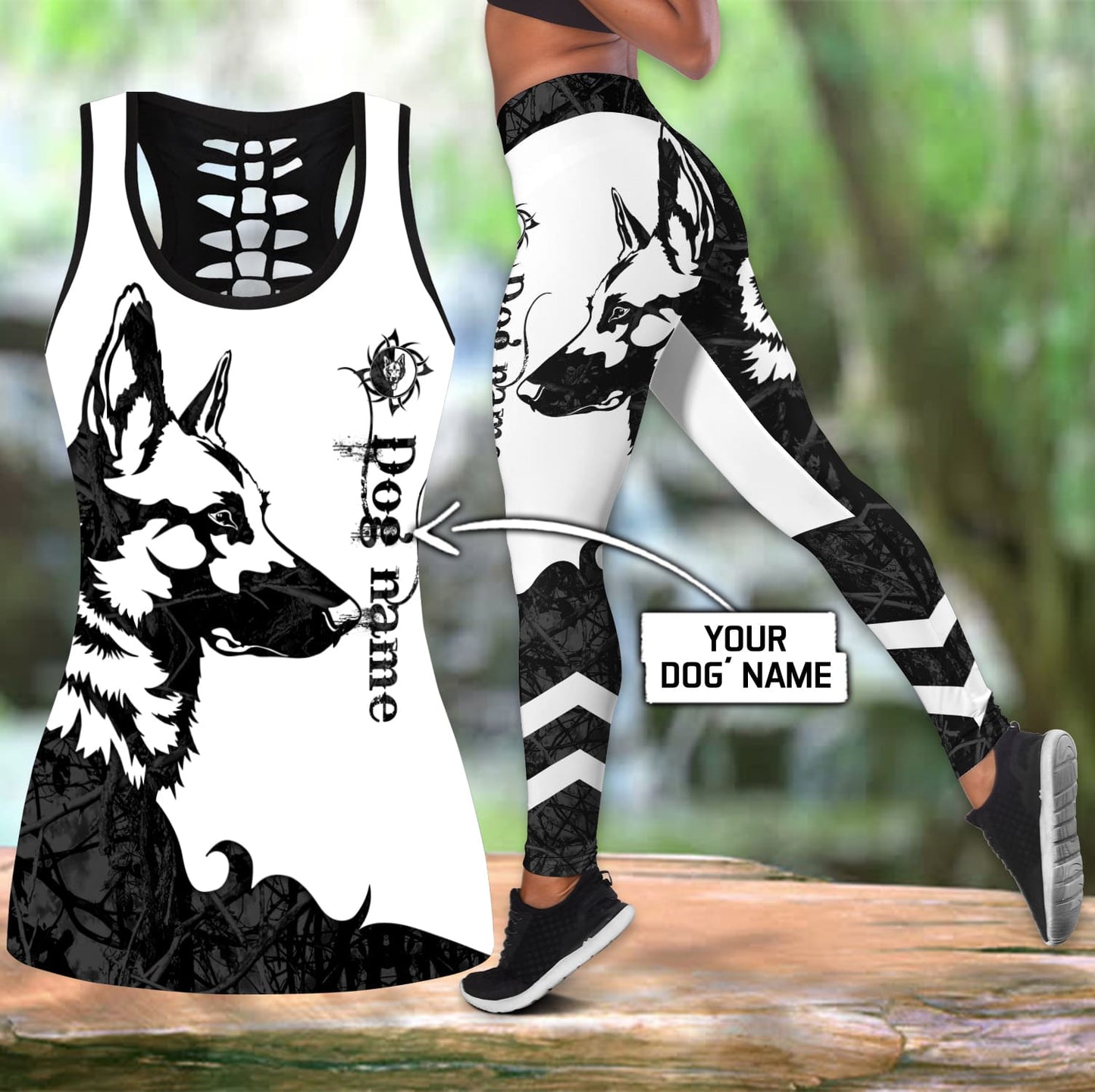 Premium German Shepherd Black Tattoos Legging + Hollow Tank Combo