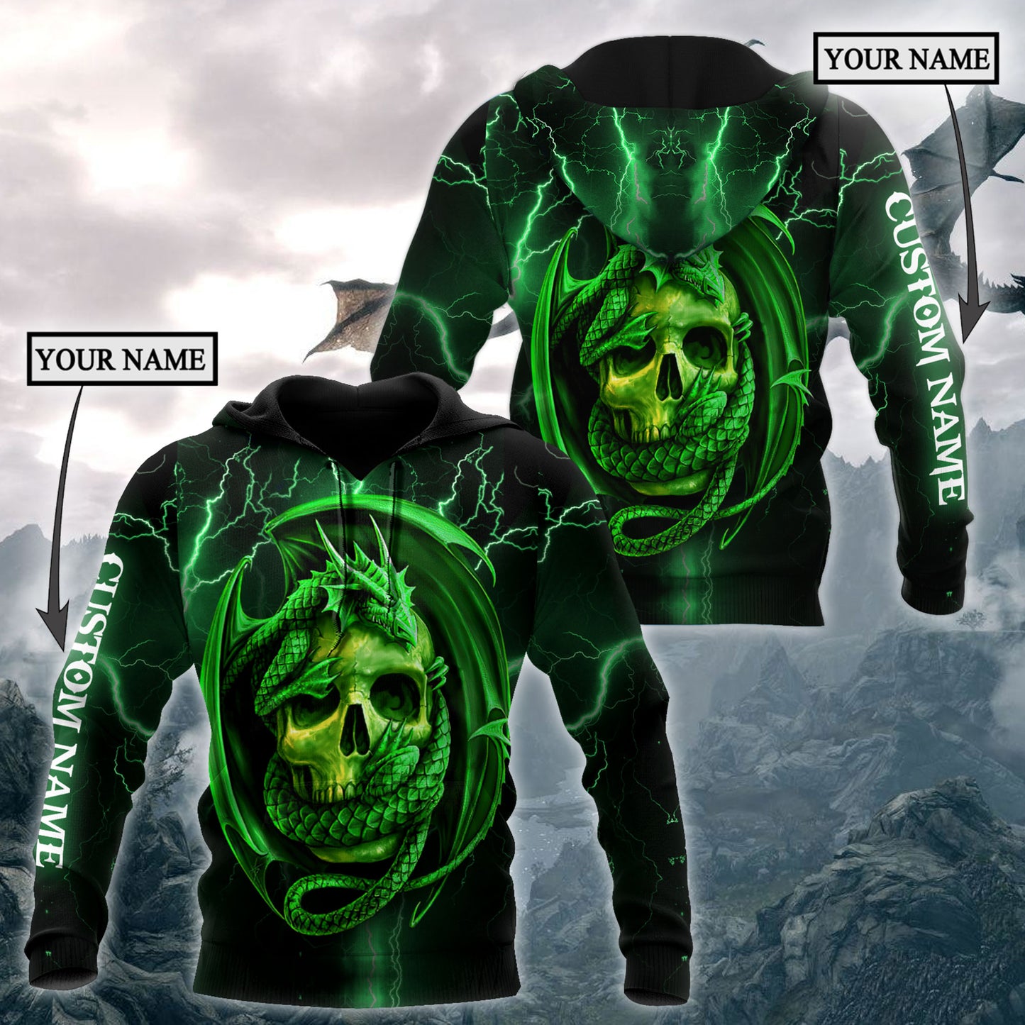 Dragon & skull green unisex hoodie NTN03042105