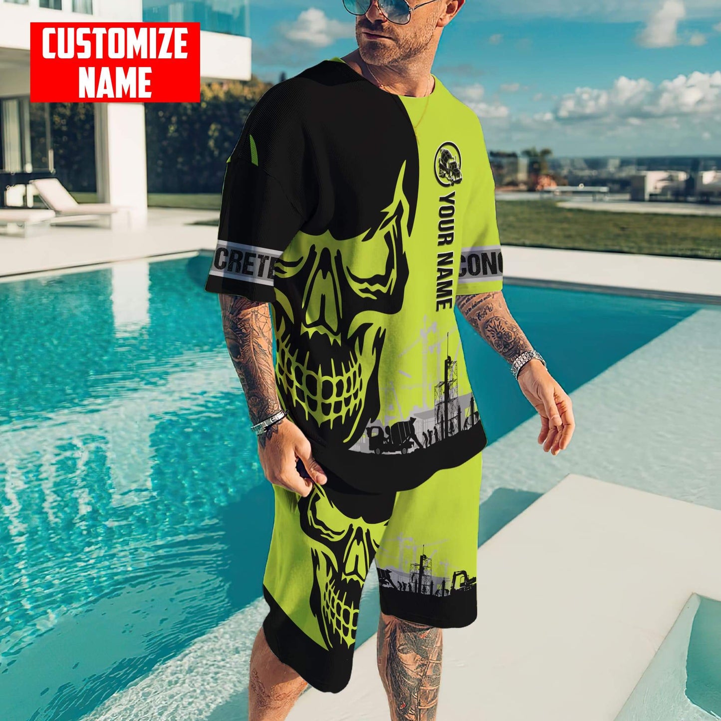 Concrete Finisher Site Skull Green Safety Custom name 3D Printed Shirts
