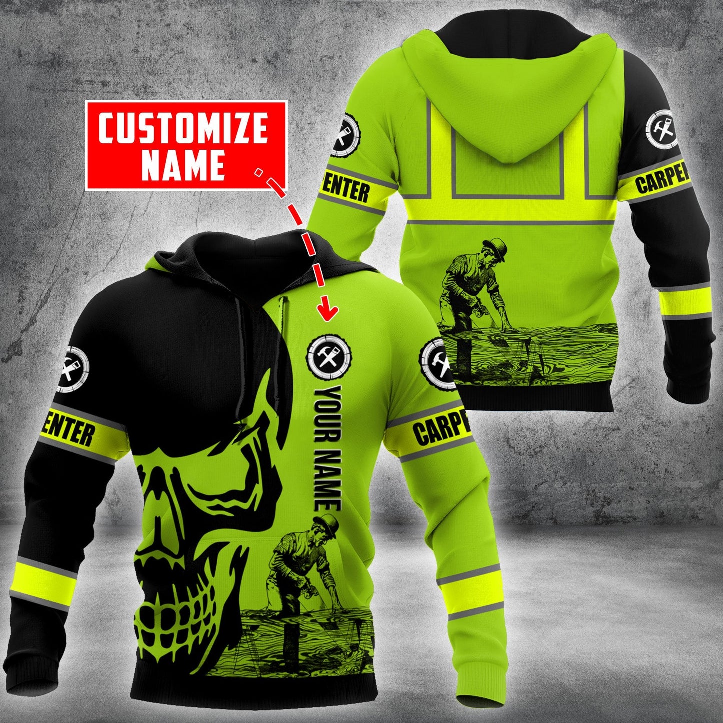Personalized Name Carpenter 3D All Over Printed Unisex Shirts Green Neon