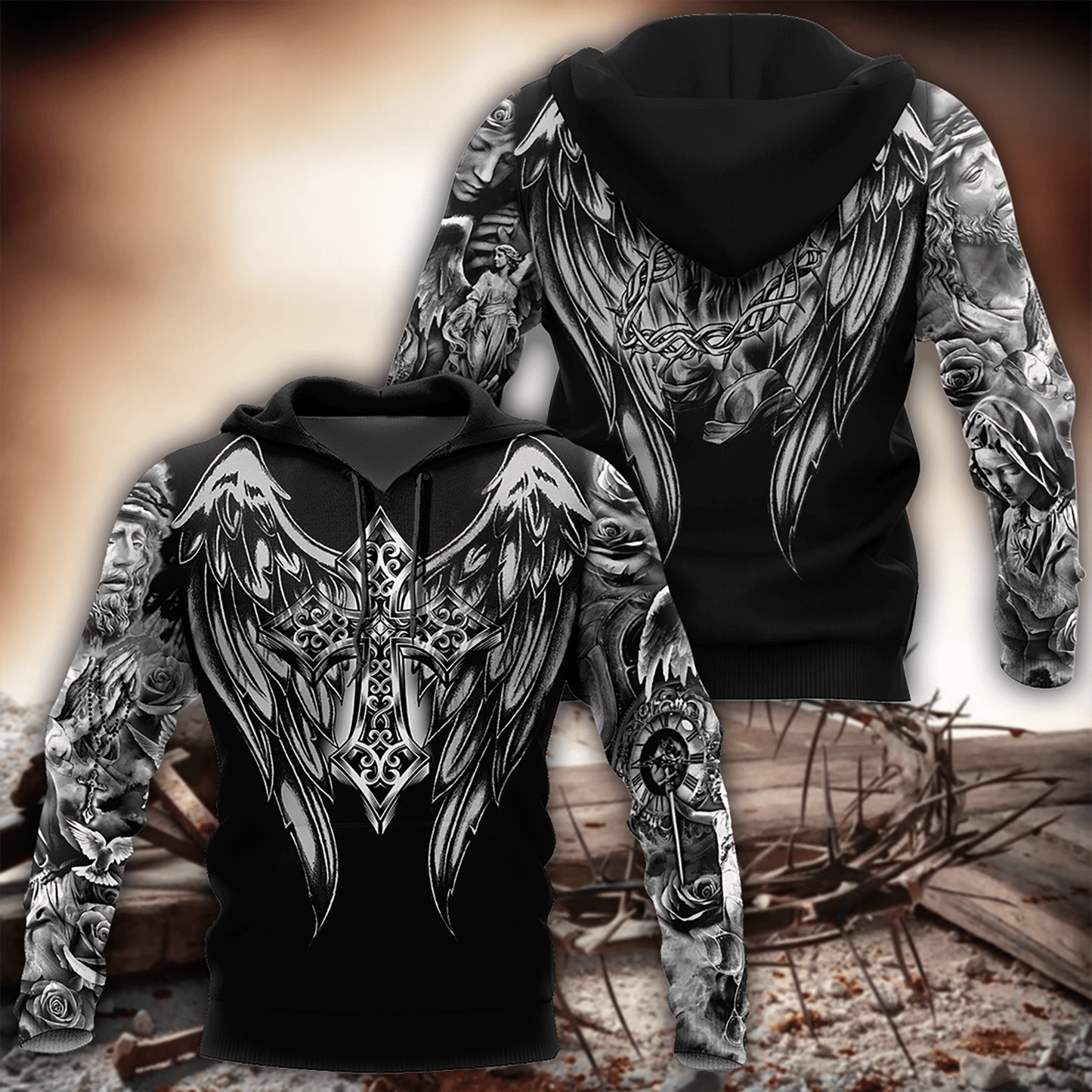 Jesus Christ Cross and Wings Black 3D Printed Hoodie, T-Shirt for Men and Women