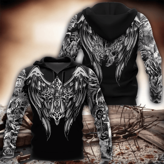 Jesus Christ Cross and Wings Black 3D Printed Hoodie, T-Shirt for Men and Women