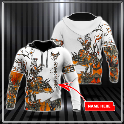 Personalized Name Bull Riding 3D All Over Printed Unisex Shirts Orange Tattoo