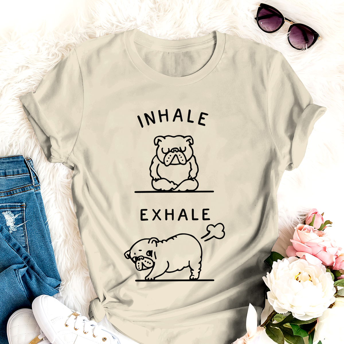 Dog T-shirt Frenchie Yoga Inhale Exhale