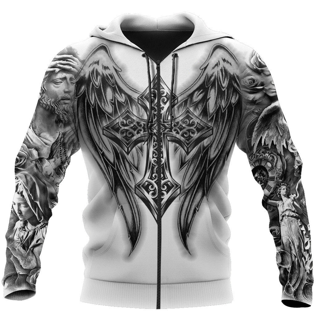 Jesus Christ Cross and Wings 3D Printed Zipped Hoodie for Men and Women